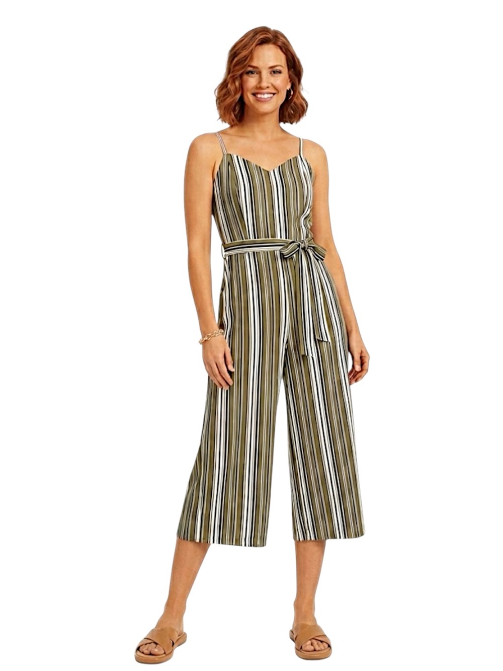 Almost Famous Green Belted Striped Spaghetti Strap Sweetheart Wide Leg Jumpsuit
